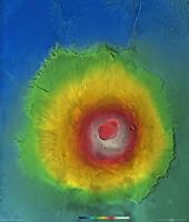 The image shows an ortho-image mosaic of Olympus Mons with superimposed colour coded elevations.