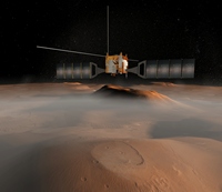 Die ESA-Raumsonde Mars Express<br> über den Tharsis-Vulkanen
