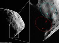 HRSC Orbit 5851 Stereo-1 Kanal. Auflösung: 3.7 m/Pixel. Die Ellipsen zeigen die ursprünglich geplante (rot) und neue Landestelle (blau) für die Phobos Grunt Mission. Die Änderung der Landestelle wurde aufgrund dieser Bilder erwogen.